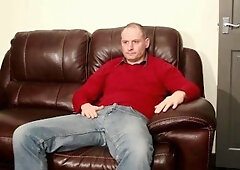 Riding his cock raw on funky sofa